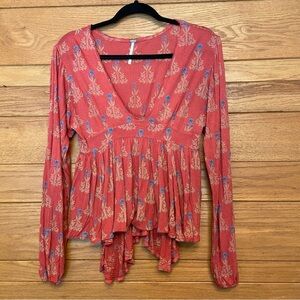 Free People coral blue floral ruffle long sleeve top